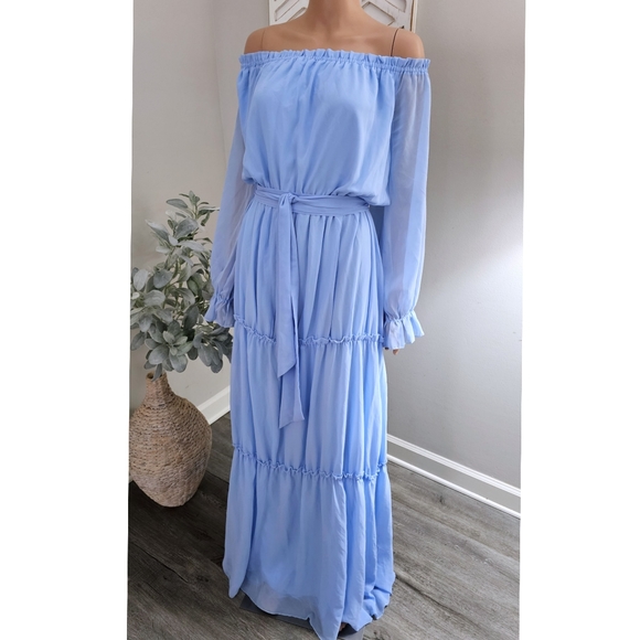 Faeriesty Ski Blue Off Shoulder Long Sleeves Tiered Waist Tie Maxi Dress 4XL - Picture 1 of 9